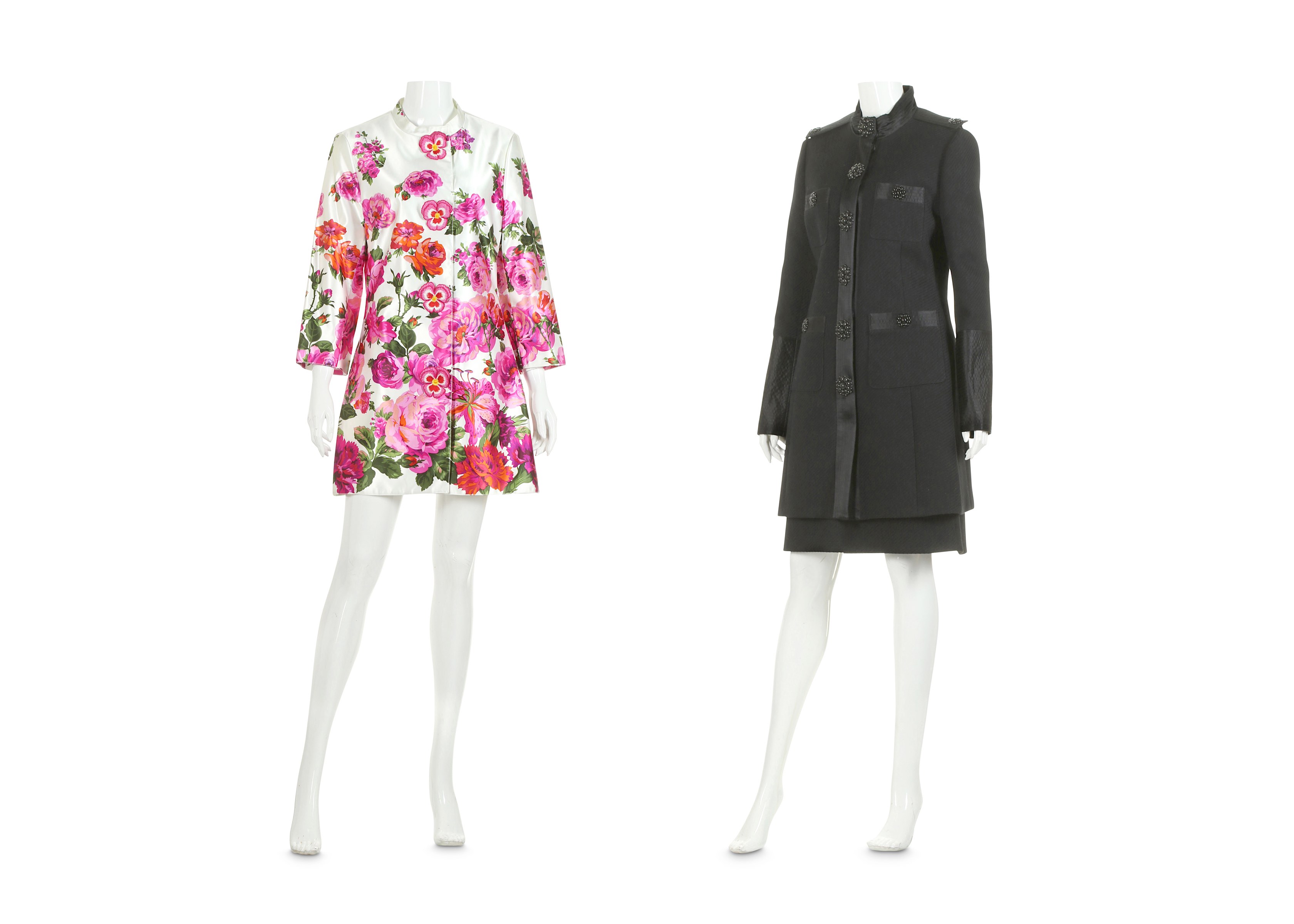 Two Andrew GN Dress Coats, to include a white silk coat printed with pink flower design, labelled S,