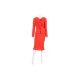 Oscar de la Renta Red Crepe Wool Outfit, comprising a zip-down jacket with flounce detail, 19"/