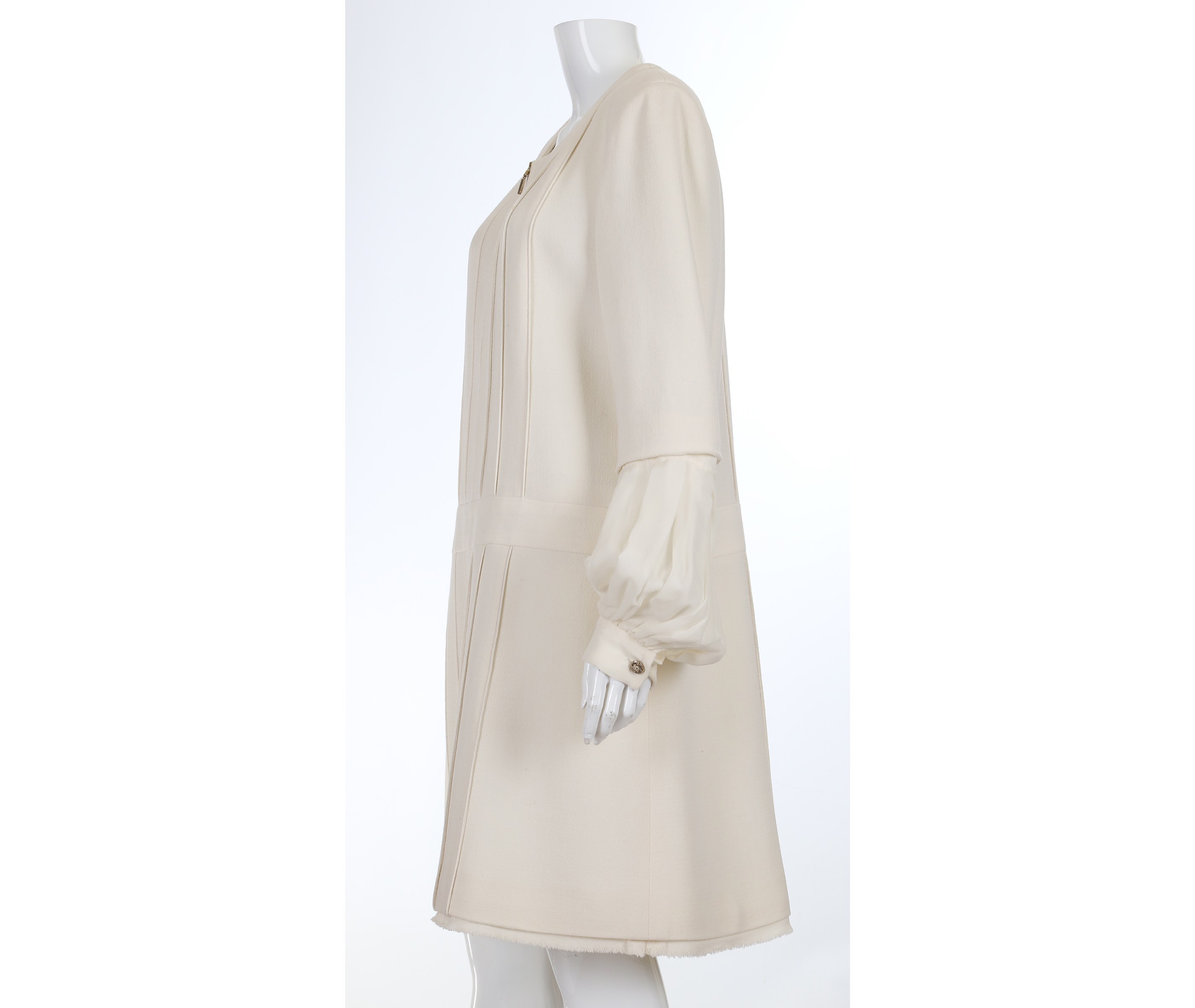 Chanel Cream Pleated Dress Coat, 2010s, with zip down front and removable silk sleeve details, - Image 3 of 5