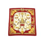 Hermes 'Etriers' Silk Scarf, designed in 1964 by Francoise de la Perriere, burgundy red border, 90cm