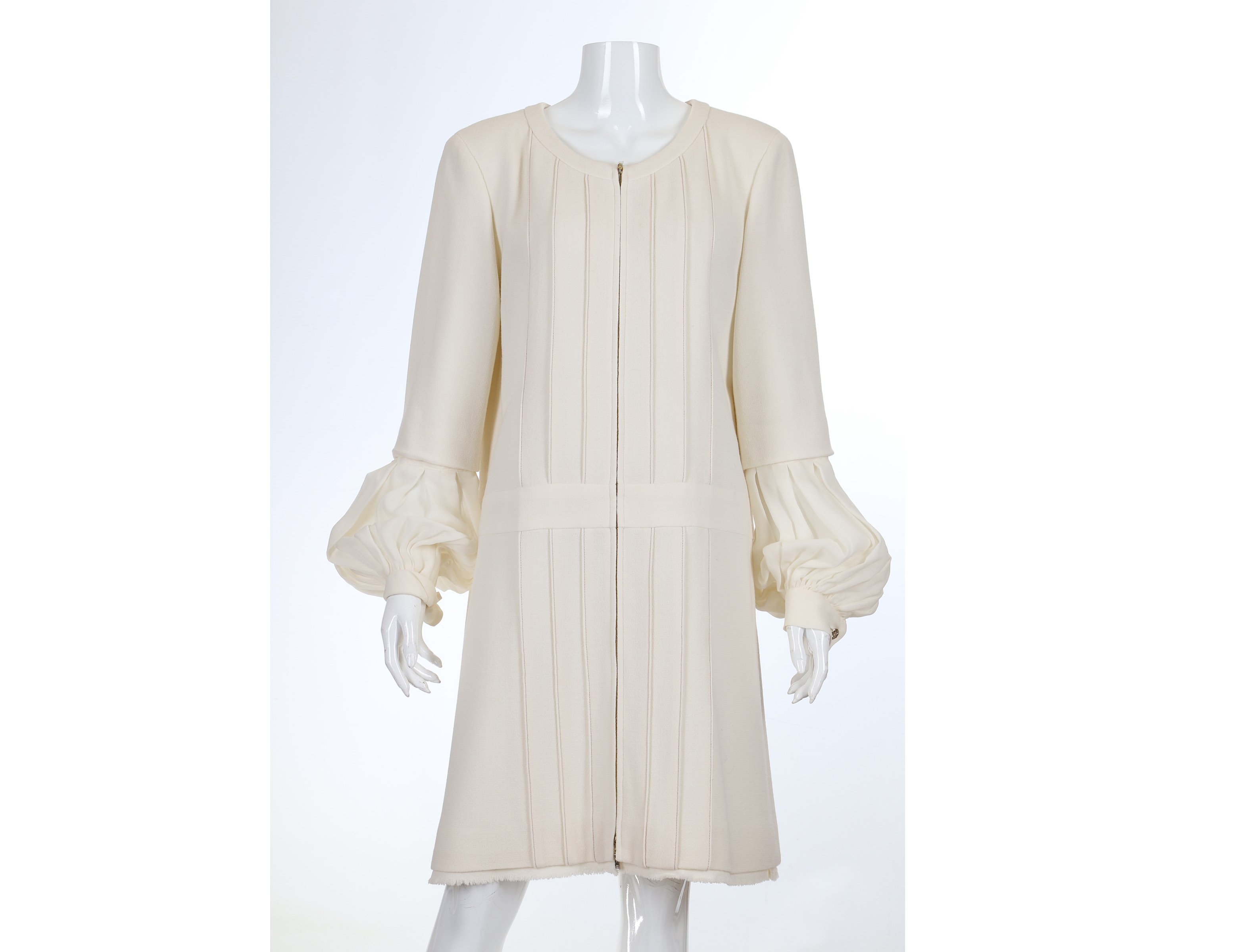 Chanel Cream Pleated Dress Coat, 2010s, with zip down front and removable silk sleeve details, - Image 2 of 5