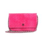 Chanel Fuchsia Pink Python Skin Wallet on Chain (WOC), c. 2014, silver tone hardware, 19cm wide,