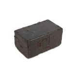 A SMALL 16TH / 17TH CENTURY OAK AND IRON TABLE CASKET of rectangular form with studded edges and