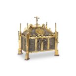 A MEDIEVAL 15TH CENTURY FRENCH GILT COPPER AND SILVER RELIQUARY CASKET (CHASSE) of sarcophagus