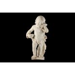 AN 18TH CENTURY ITALIAN CARVED CARRARA MARBLE FIGURE OF A WEEPING PUTTO holding his drapery to his