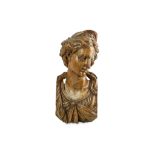 A 17TH CENTURY SOUTH GERMAN BAROQUE LIMEWOOD RELIEF CARVED BUST OF A GODDESS carved in high relief