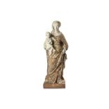 AN EARLY 18TH CENTURY ROMAN VARIEGATED AND CARRARA MARBLE FIGURE OF THE MADONNA AND CHILD in the