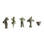 FIVE BRONZE FIGURAL FRAGMENTS Circa 2nd - 4th century A.D. Including a figure of Lar with a
