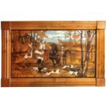 An early 20th Century marquetry inlaid framed panel depicting a hunting scene with a maiden and
