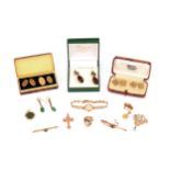 A small collection of jewellery, Including two cased pairs of 9 carat gold cufflinks, a 9 carat gold