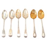 Two pairs of George III sterling silver table spoons, both later decorated as berry spoons, London 1