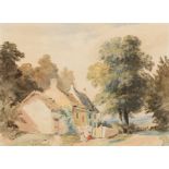 Henry Hewett/Cottage with Children/signed/watercolour 17cm x 24cm