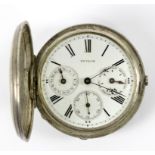 A silver cased pocket watch, the enamelled dial signed Pateck, Geneve with three subsidiary dials,
