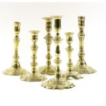 Six 18th Century and later brass candlesticks, various, 17cm to 24.