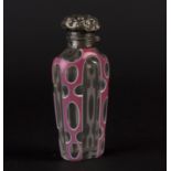 A glass and pink enamel scent bottle with embossed silver cover, 10.