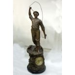 An eight-day mantel clock the spelter case surmounted by a fisherman with harpoon,