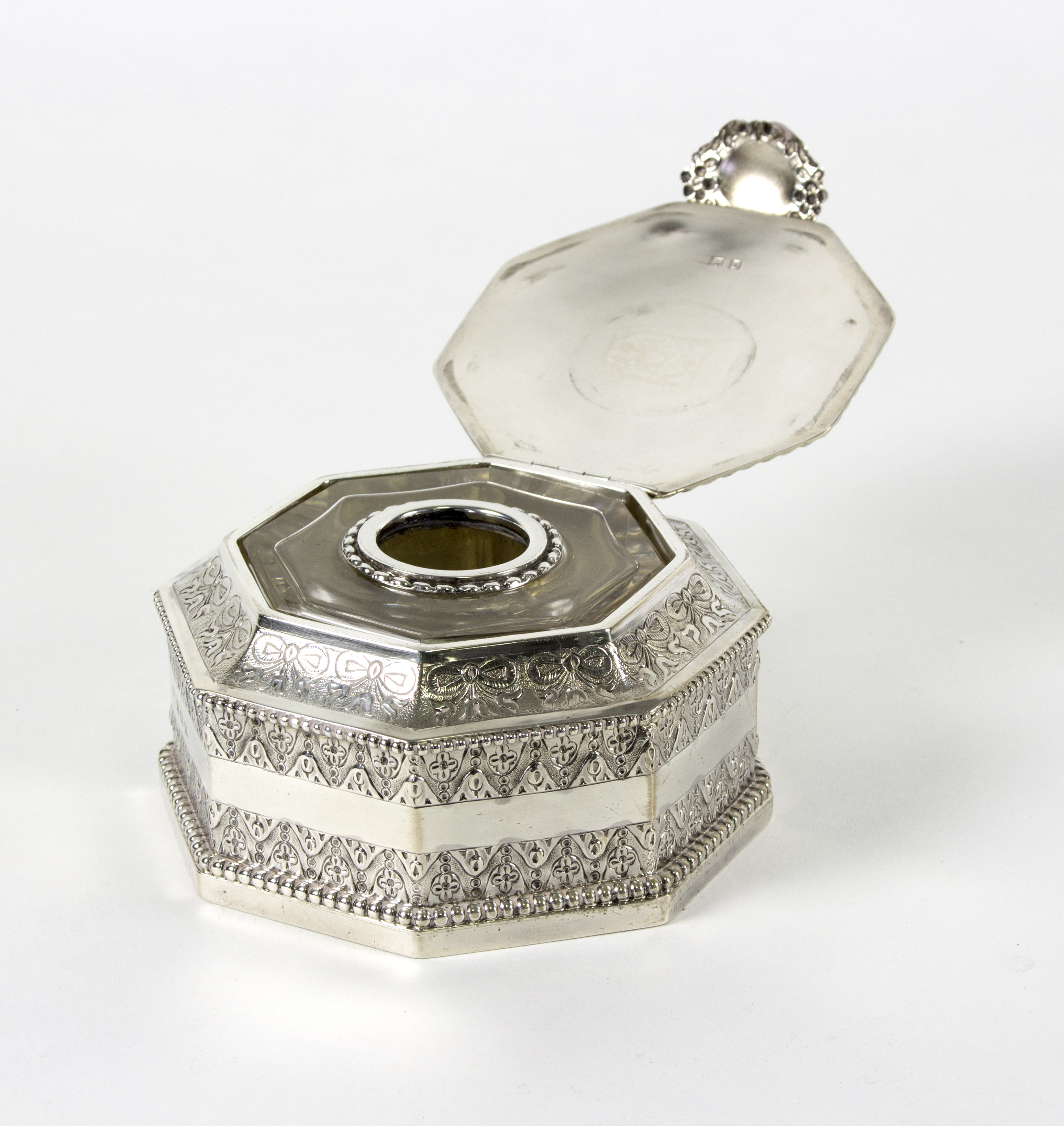 A silver cased inkwell, S Blanckensee & Son Ltd, Birmingham 1928, of octagonal shape, - Image 2 of 2