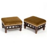 A pair of Victorian foot stools, the upholstered tops above galleried sides on turned feet,