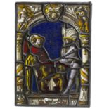 A stained glass panel, soldiers flanking an armorial, dated 1536, 46.5cm x 33.