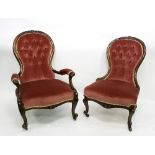 A Victorian walnut open armchair and matching single chair with upholstered seats,