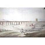 Italian School 18th Century/Columns within a Landscape/ aqueduct in the distance/watercolour,