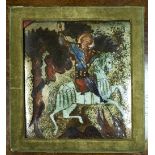 An enamelled icon depicting George and the Dragon, 27cm x 24.