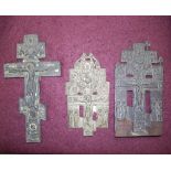 A Greek bronze cross icon with coloured enamel decoration and two other icon crosses/Provenance: