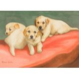 Richard Britton (British, born 1931)/Labrador Puppies on a Cushion/signed/watercolour, 24.
