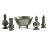 Four pewter casters of baluster form,