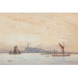 E W Powell/Shipping at Dusk/signed and dated 1932/watercolour 26.5cm x 39.