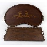 An Edwardian kidney shaped inlaid tray with chequered border,