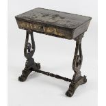 A Regency chinoiserie work table decorated in gilt on black lacquer, fitted interior,