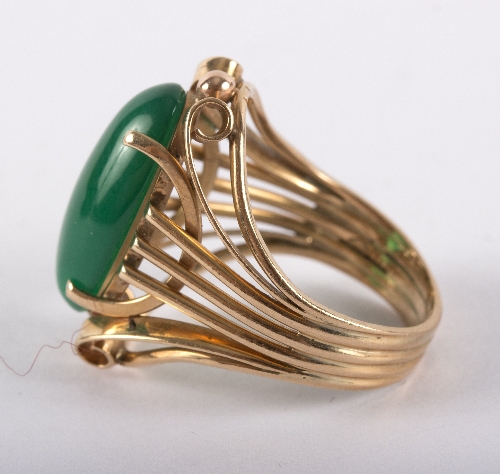 A chrysoprase ring, the oval stone in a stylised 14ct yellow gold setting, - Image 2 of 4