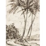 Manner of Noel Coward/Palm Trees/monochrome watercolour,