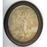 A Georgian oval silkwork picture of a woman in a landscape,