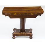 A Victorian rosewood foldover card table on octagonal column and platform base, 91.