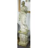 A reconstituted stone figure of a girl with pitcher and bowl on a pedestal base,