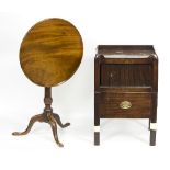 A mahogany tray-top commode with tambour slide above a single drawer,