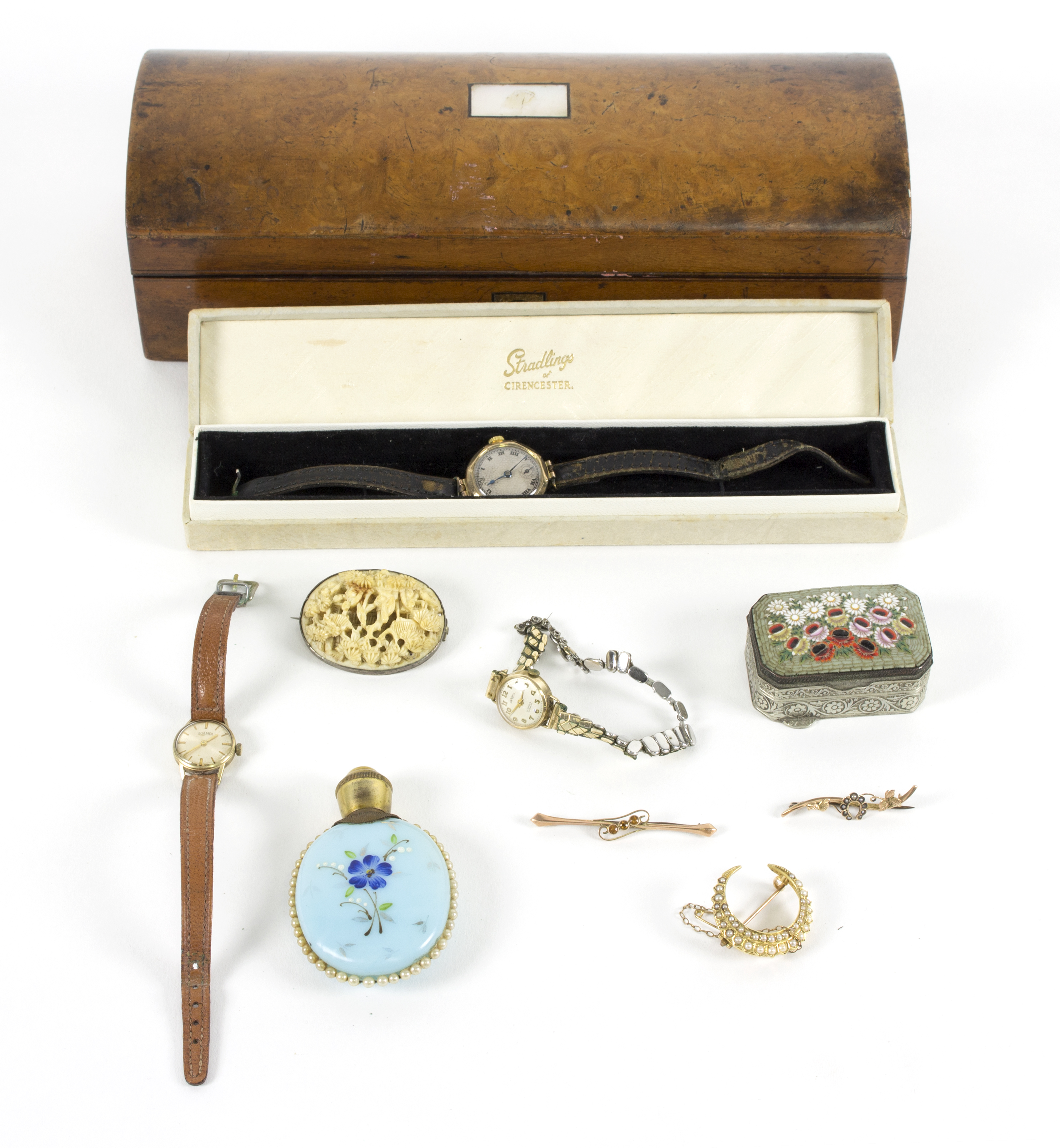 A 9ct gold cased wristwatch with subsidiary dial, a Victorian gold seed pearl crescent brooch,