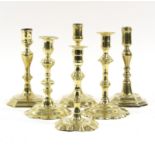 Six 18th Century and later brass candlesticks, various, 17.5cm to 19.