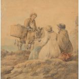 19th Century English School/Figures and a Donkey/watercolour,