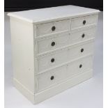 A painted chest of two over three drawers on a plinth base,