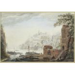 Abraham Rademaker (Dutch 1675-1735)/Riverside City/signed/watercolour heightened in white,