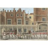 18th Century English School/The Coldstream Guards outside St James's Palace/handcoloured engraving,