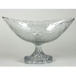 An Irish glass pedestal bowl, navette shaped bowl with diamond and wreath cutting,