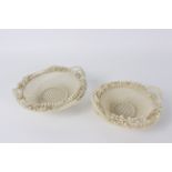 Two Belleek baskets with foliate decoration, banner marks beneath,