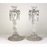 A pair of Baccarat glass lustres, each with figure frosted column on reeded circular base,