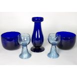 A group of glassware comprising four items of Bristol blue and green glass,