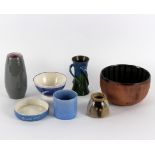 A small quantity of studio pottery to include a Barum vase with stylised twin handles