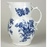 A Worcester blue and white cabbage-leaf moulded jug, circa 1780, printed with a Chinese fisherman,